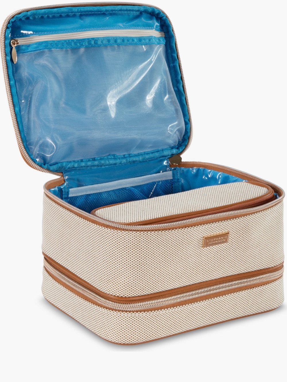 3 Piece Stephanie Johnson Cream and Blue Cosmetic Train Case Set - Picture 3 of 11